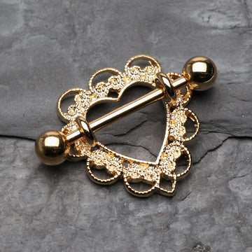 Detail View 1 of Golden Heart Filigree Nipple Shield Ring-Gold